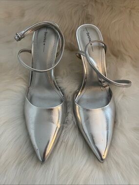 Bershka Metallic Silver Pointed-Toe Ankle-Strap Heels